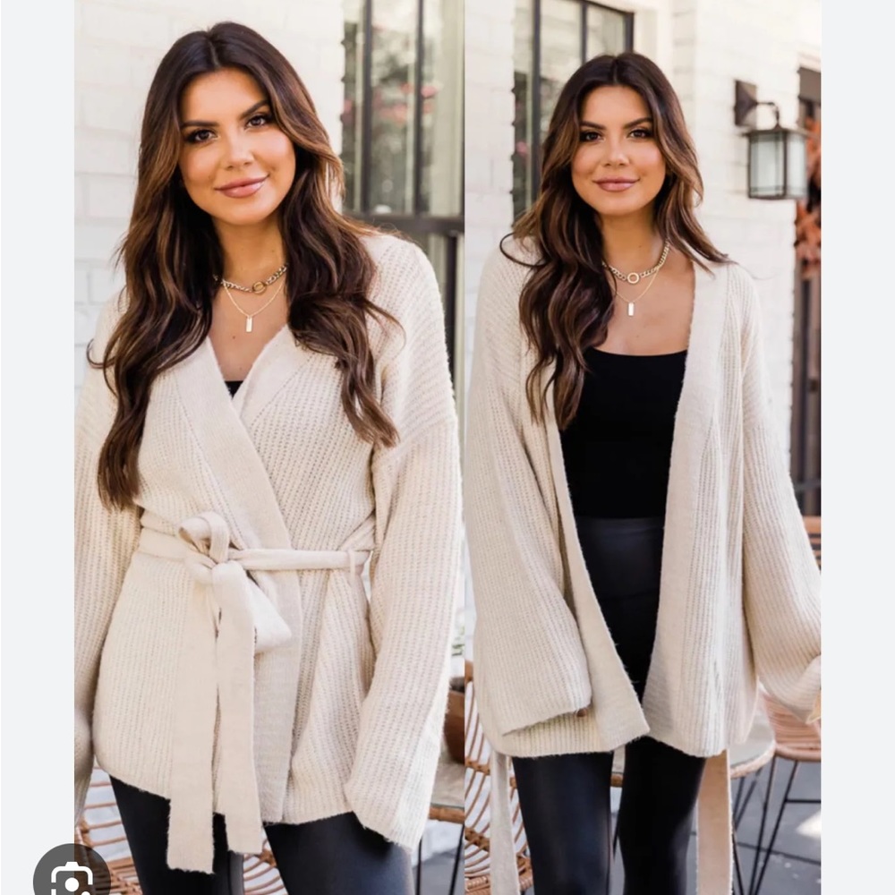 Pink Lily Cream Ribbed Wrap Belted Cardigan
